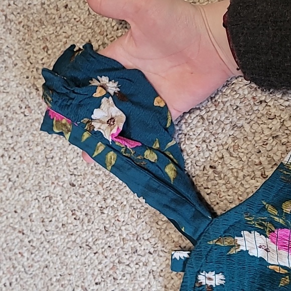 Torrid Floral Babydoll Gauze Smocked Ruffle Tank Top, Dark Teal - Picture 8 of 11